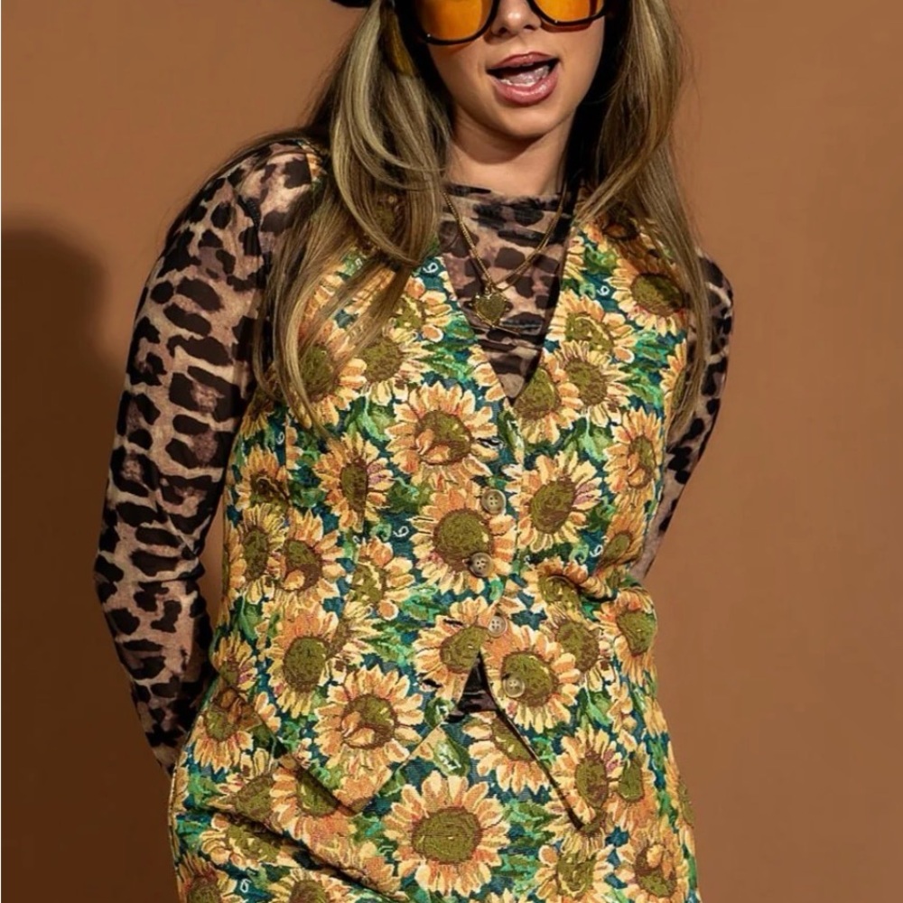 Dressed in Lala Sunflower Print Button Front Vest